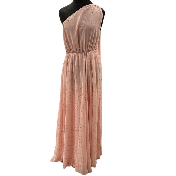 MICHAEL COSTELLO X REVOLVE Pink Chiffon with Gold One Shoulder Goddess Gown M - Picture 4 of 9